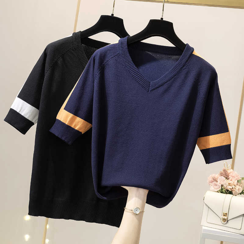 

4XL plus size women loose casual thin sweater pullover short sleeve v neck loose casual chic Oversized Summer sweater 210604, Blue