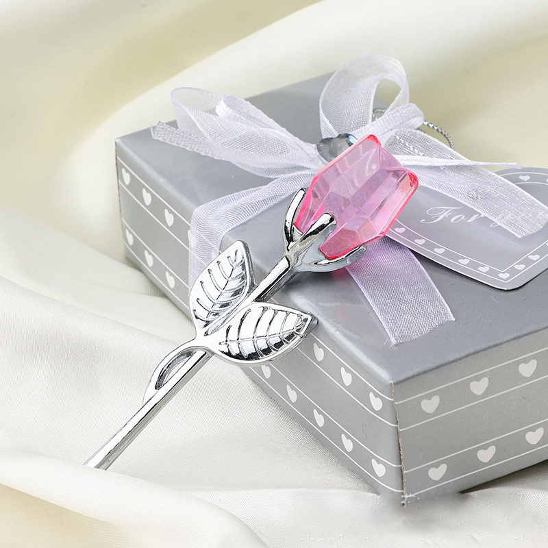 

50PCS Wedding Favors Pink Crystal Rose with Silver/Gold Hand Stem in Gift Box Valentine's Day Present Bachelor Party Giveaways
