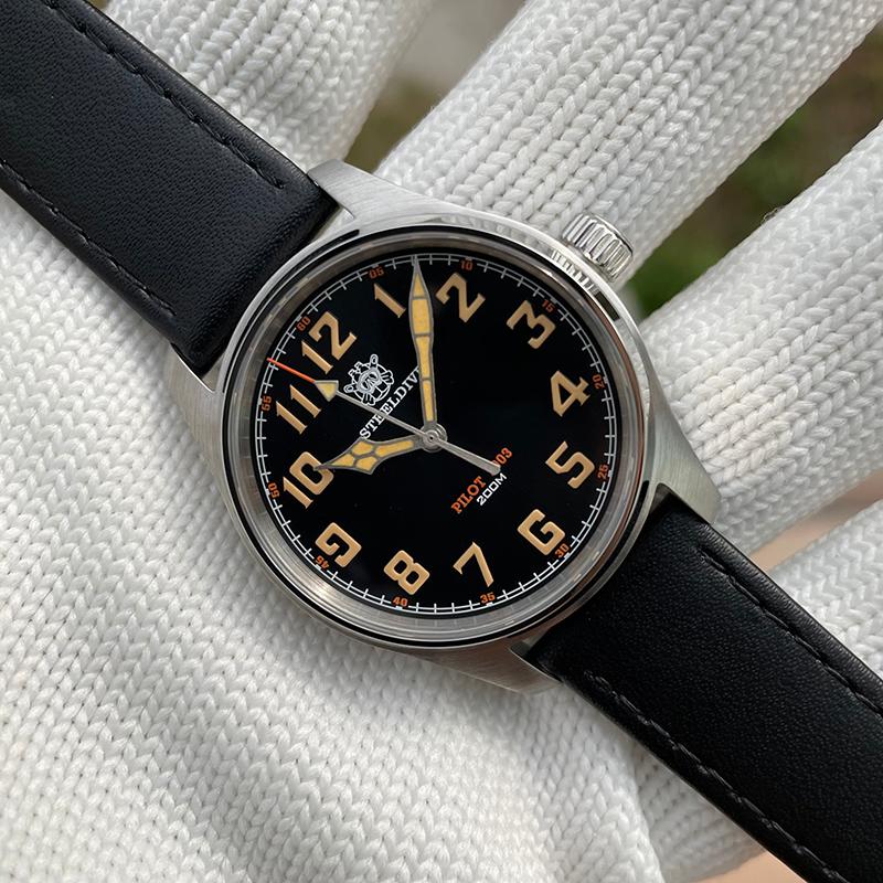 

Wristwatches STEELDIVE Mens Watches Sport Watch 37mm Military Quartz Wristwatch 200m Waterproof Luminous Sapphire Mirror Leather Strap, Bronze