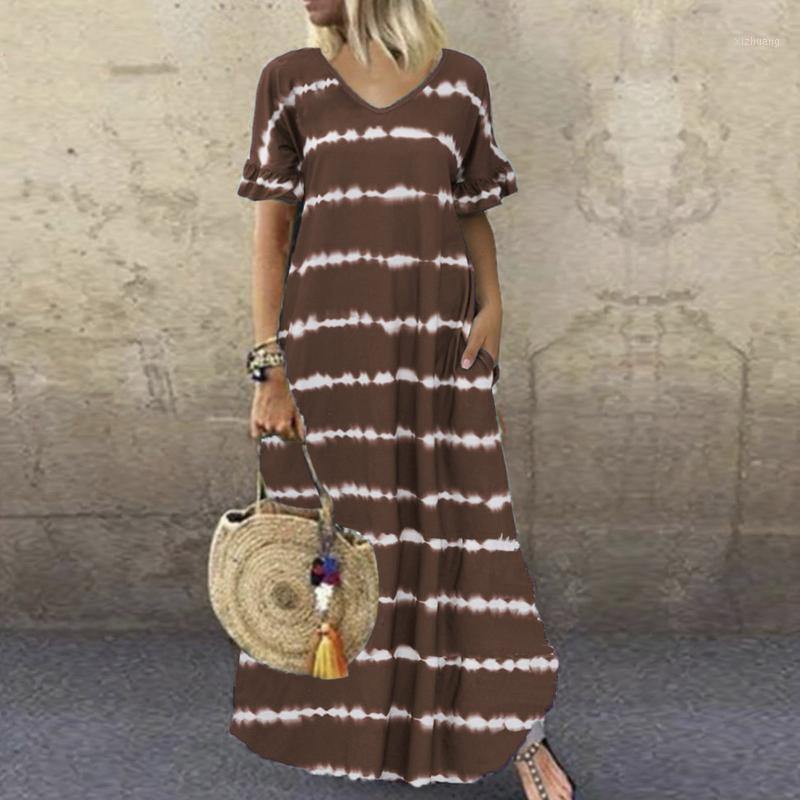 

Casual Dresses Modis Women' Maxi Dress With Pocket Stripe Printed V-neck Short Sleeve Summer Ladies Retro Harajuku #T2G, Coffee dress