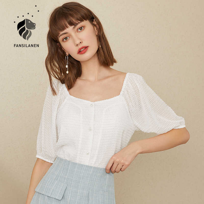 

FANSILANEN Off shoulder chiffon white blouse shirt Women embellishments polka dot top Female puff sleeve elegant 210607