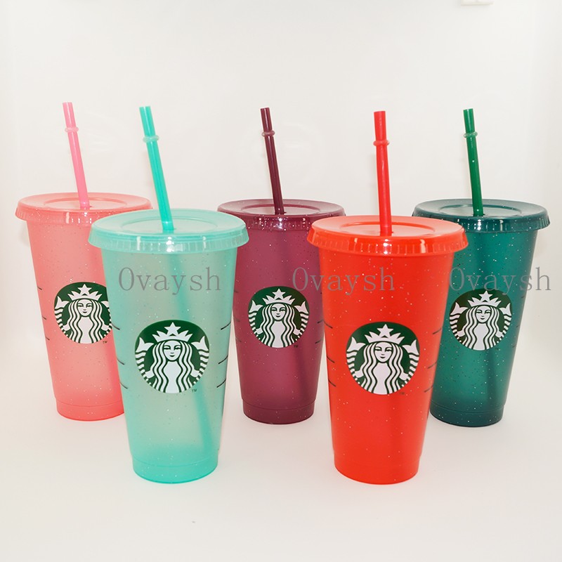 

24OZ/710ml Starbucks Sequins Plastic Tumbler Reusable Clear Drinking Flat Bottom Cup Pillar Shape Lid Straw Mug Bardian, Customize