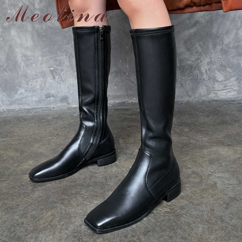 

Meotina Riding Boots Women Shoes Real Leather Mid Heel Knee-High Boots Square Toe Block Heels Zip Lady Long Boots Autumn Winter 210608, Black synthetic lin