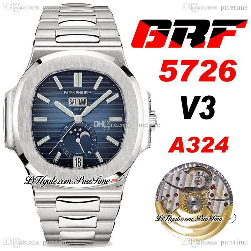 

GRF V3 Annual Calendar 5726/1A-014 A324 Automatic Mens Watch Moon Phase 324SC Blue Gradated Dial Stainless Steel Bracelet Super Edition 2021 Watches Puretime c3, Customized waterproof service