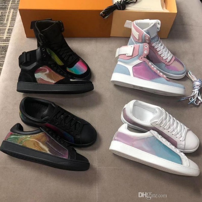 

2021 Casual Shoes Mens and women calfskin high top sneakers Luxury Designer Rivoli sneaker boot rainbow trainer for Flower motifs vintage trainers, Red