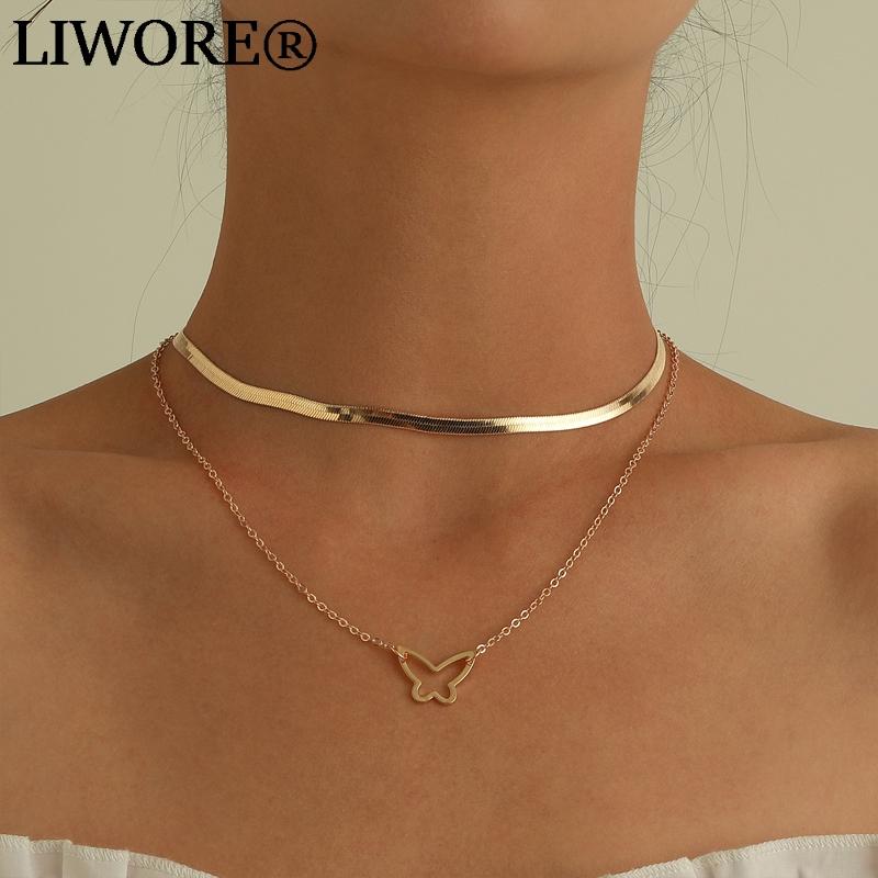 

Pendant Necklaces Liwore Fashion Double Gold Necklace Alloy Hollow Butterfly Women's Collar 2021 Jewelry