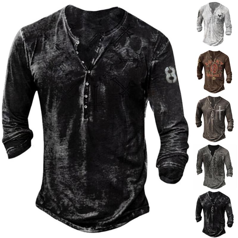 

Men' T-Shirts Baggy Fit V NeckMen Long Sleeve T-shirt Buttons Autumn Holiday Printed Loose Casual Tee Blouse Tops, White