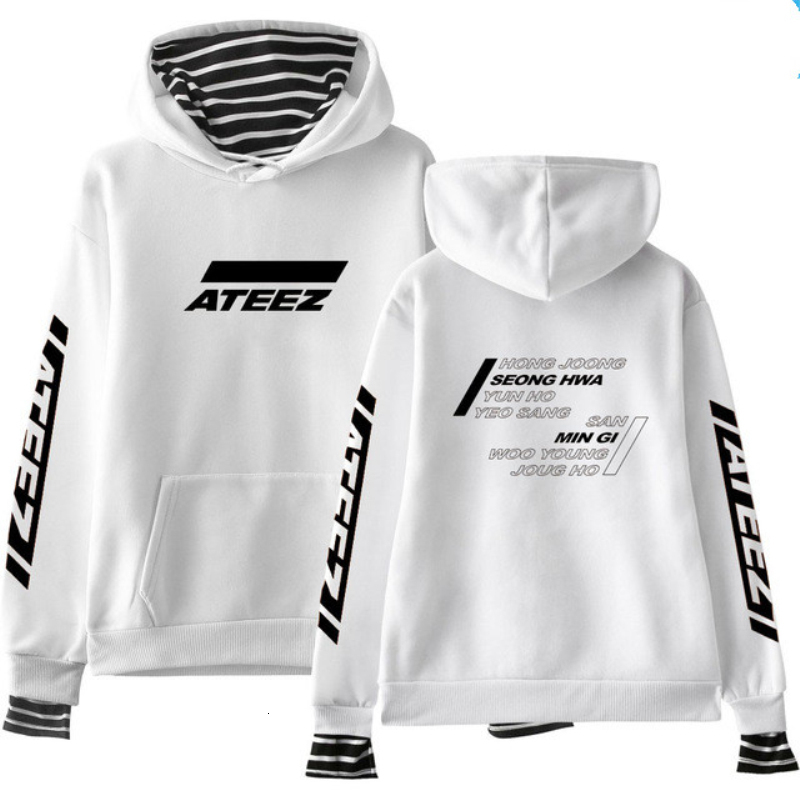 

New Kpop Hoodie Ateez Sweatshirt Print False Two Piece Casual Hoodies Women Fashion Sweatshirts Wooyoung Mingi Pullovers Coats, Black;brown