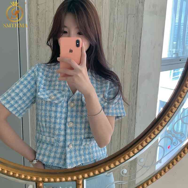 

Elegant Korean Chic Sweet Tweed Short Coat Fashion Summer Single Breasted Sleeve Jackets Femme 210520, Photo color