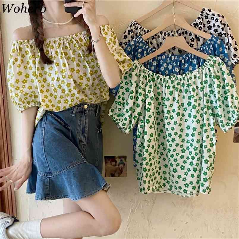 

Fashion Off Shoulder Blouse Women Summer Floral Print Vintage Shirt Tops Korean Elegant Blusas Loose Blouses 210519, Black