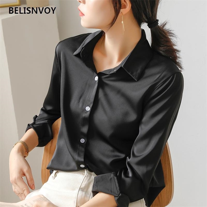

AutumnSpring Elegant Women Blouse Single-breasted Lapel Solid Satin Black White Green Shirts Female Casual Wild Office Lady Tops 210520