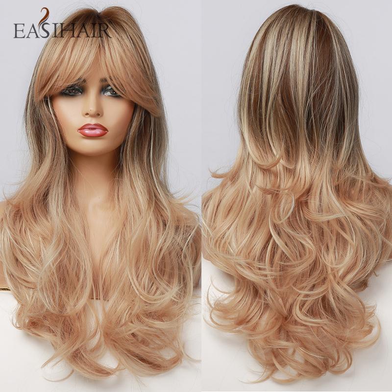 

Synthetic Wigs EASIHAIR Long Brown Blonde Ombre Wavy For Women With Bangs High Density Natural Cosplay Heat Resistant, Black