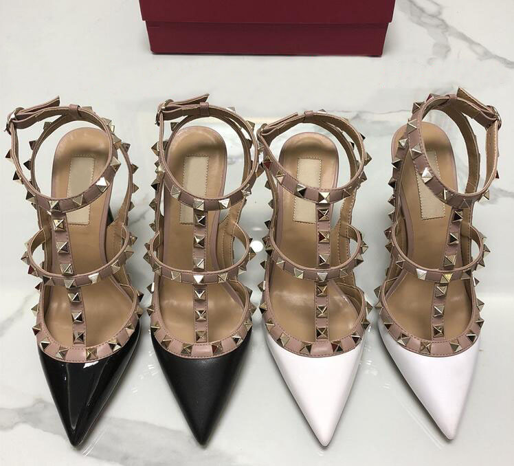 

Retro Classic Hot Sale-2019 Patent Leather Women Stud Sandals Point Toe Two Ankle Buckles Ladies Sexy Rivets High Heels Neon Color Dress Sho, Black