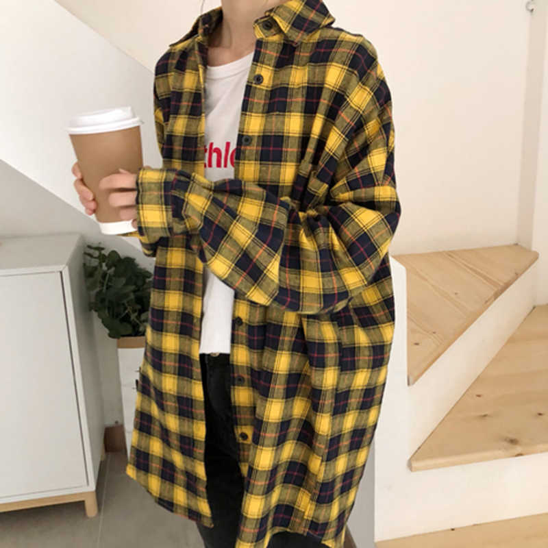 

Arrival Autumn Women Shirt Coat Long Sleeve Loose Turn-down Collar Plaid Womens Shirts Casual Long Korean Blouse D571 210608, Yellow