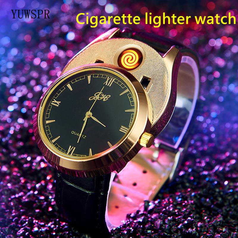 

Wristwatches Lighter Watches USB Rechargeable Flameless Cigarette Fashion Leather Strap Quartz Clock Male Gift JH313 1pcs, Jh313 gold black