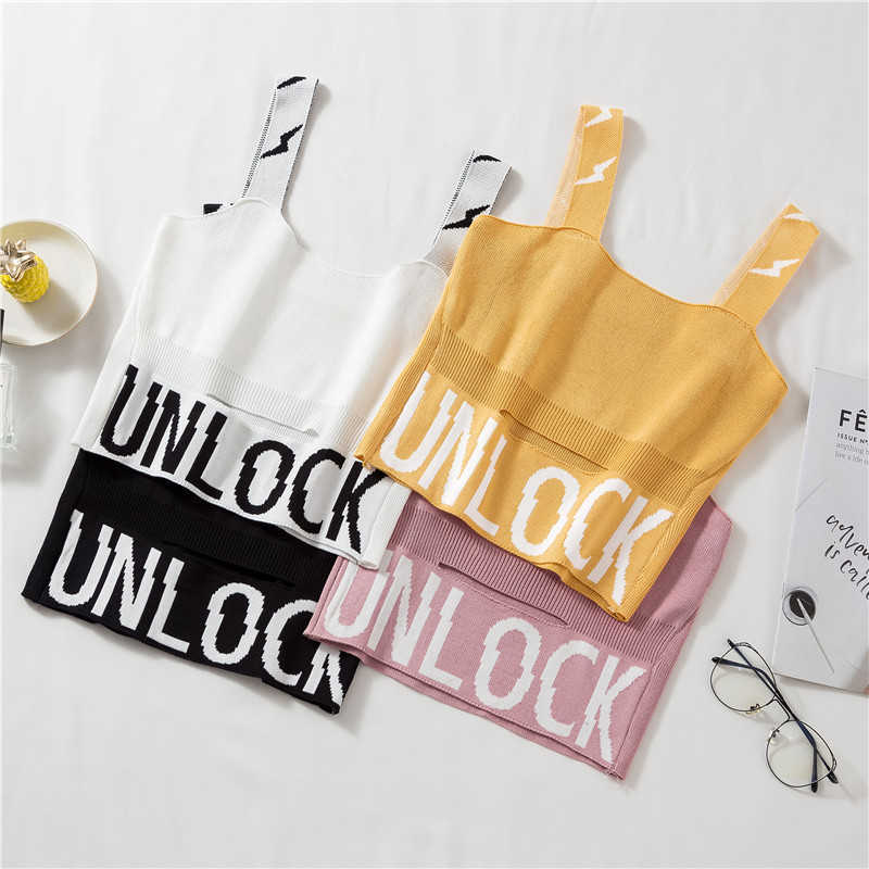 

Harajuku Sexy Women Crop Tops Korean UNLOCK Letter Slim Sleeveless Femme Camisole With Hole W851 210526, Color 3
