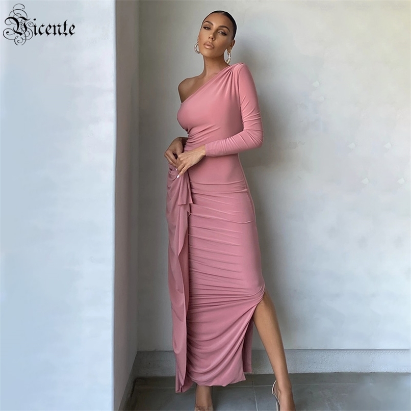 

Ladies Dress Celebrity Party Cocktail Ruffled Drape Design One-shoulder Long 210520, Pink