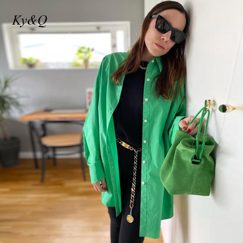 

Women's Blouses & Shirts Temperament Women Green Loose Vintage Casual Long Sleeve Button-Up Female Chic Tops Fashion Designer 2021, White