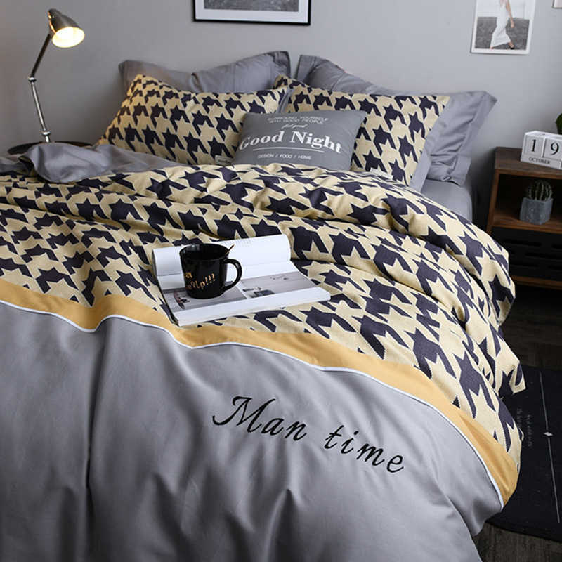 

Cotton four piece set Nordic cotton bed sheet fashion American thousand bird bedding simple quilt cover 1.8m, White