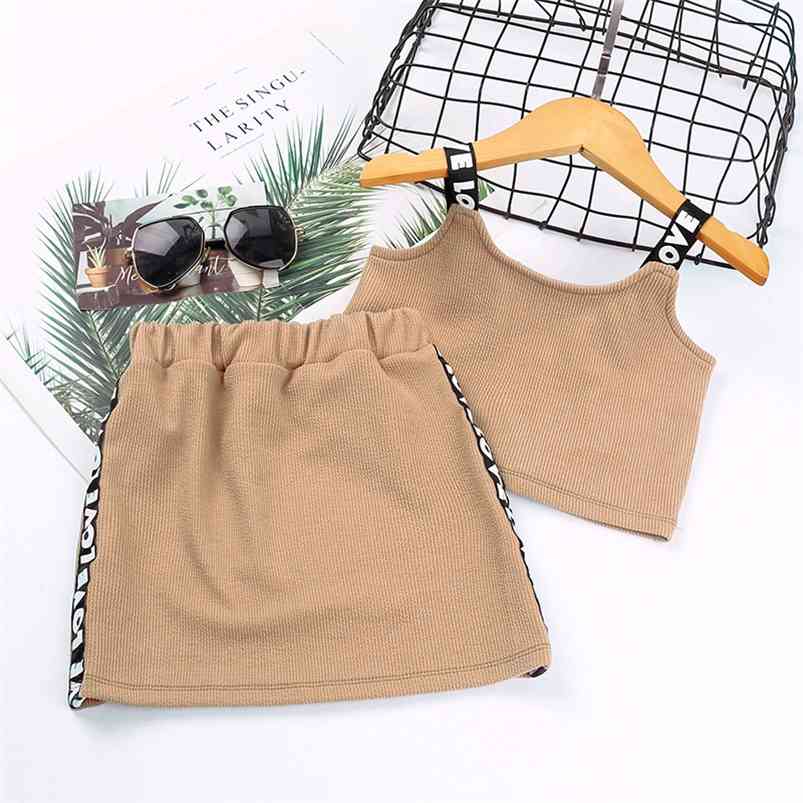 

Summer Children Sets Casual Letter Strap Solid Tops Patchwork Bodycon Skirt 2Pcs Girl Boys Clothes 18M-6T 210629, Khaki