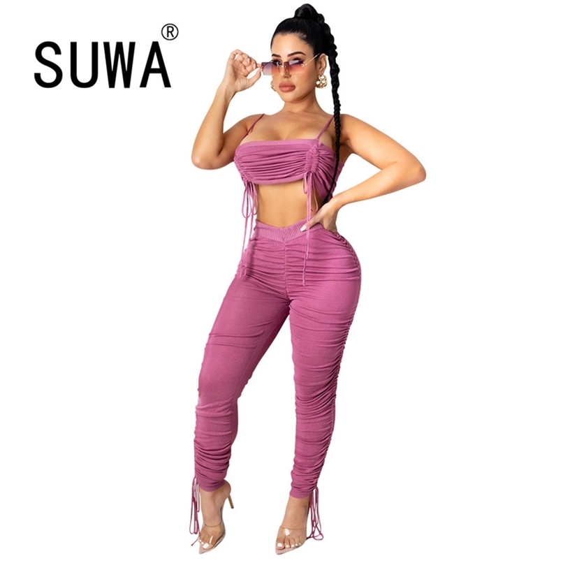 

Sexy Club Clothes For Women Sets Spaghetti Strap Bandage Crop Top Tunic High Waist Skinny Pants Festival Party 2 Pieces 210525, White