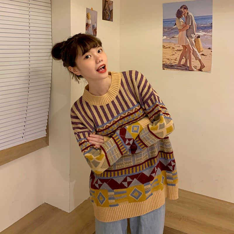 

[women Two-piece suit] retro round neck pullover knitted sweater + wide-leg jeans female student spring and autumn suit 210526, Sweater jeans