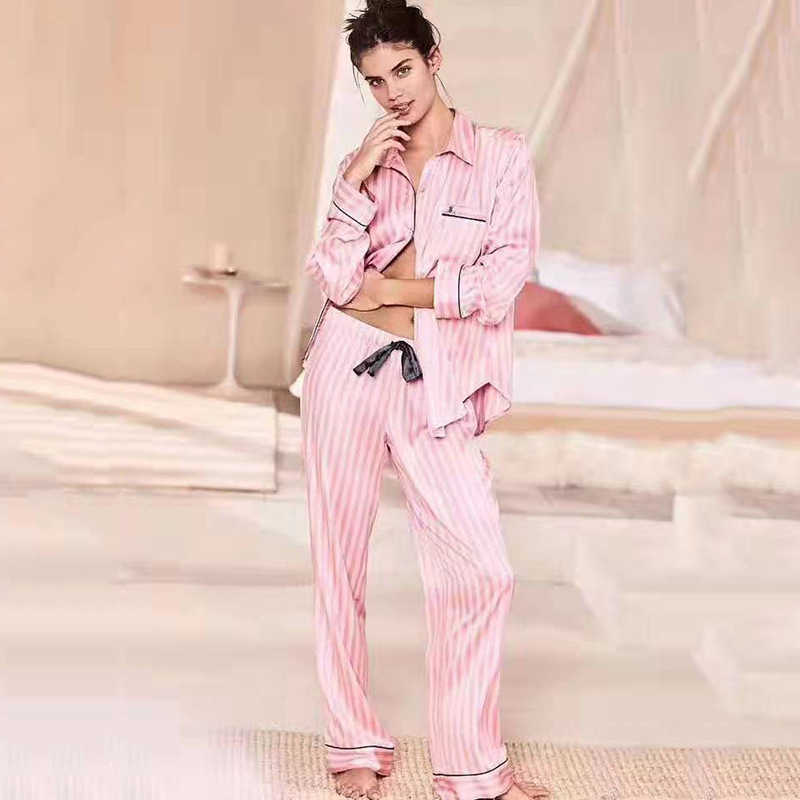 

Fashion Stylish Summer Pajama Set Women Long Sleeve Striped Sleepwear Pyjamas Spring Satin Silk Lounge Wear Pj Pjamas Homewear 211007, Pink