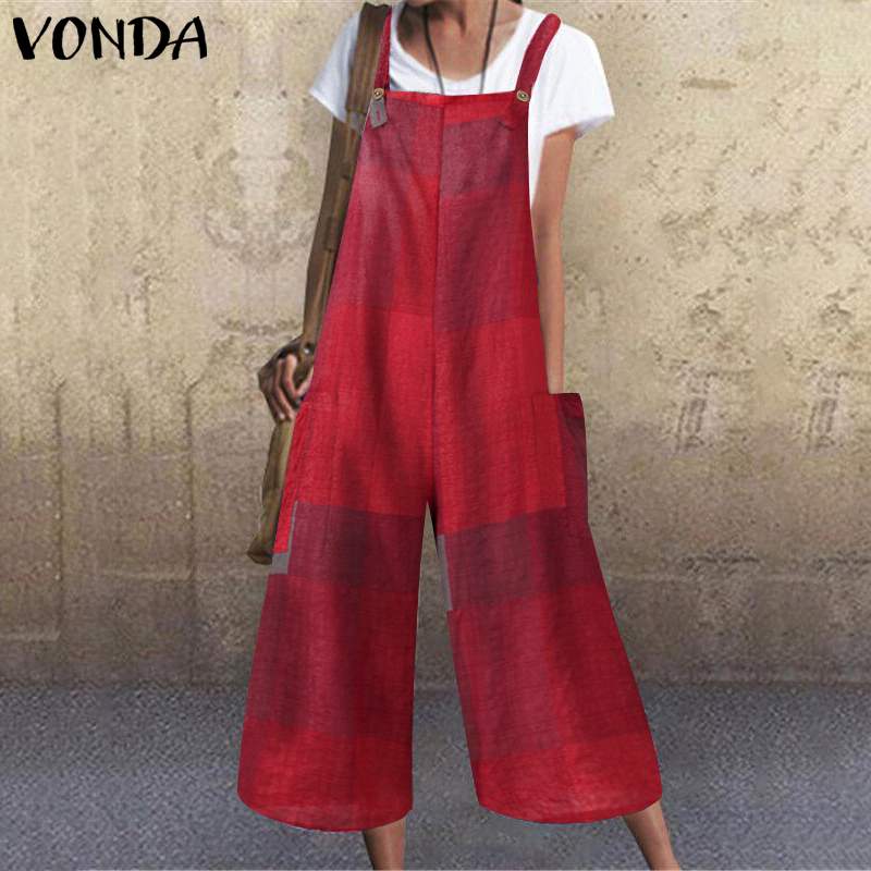 

2011vonda women retro jumpsuit 2021 summer square collar printed rompers 5xl casual office overalls fashion long wide leg pants, Black;white