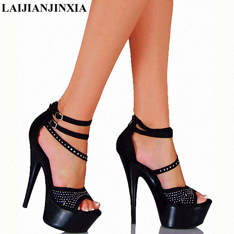 

15cm Ultra High Heels Sandals Rivets Open Toe Cover Heel Temptation Shoes 6 Inch Platform Fashion H-063, Black