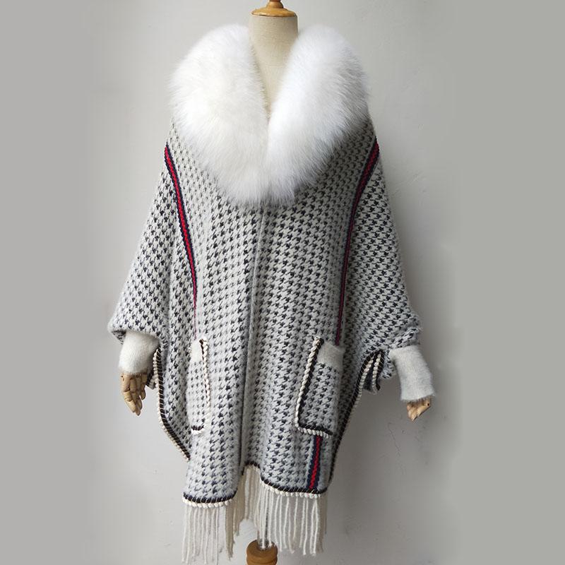 

Scarves 2021 Women Plus Size Winter Knitted Shawl With Genuine Fur Collar Fashion Female Big Poncho Pocket