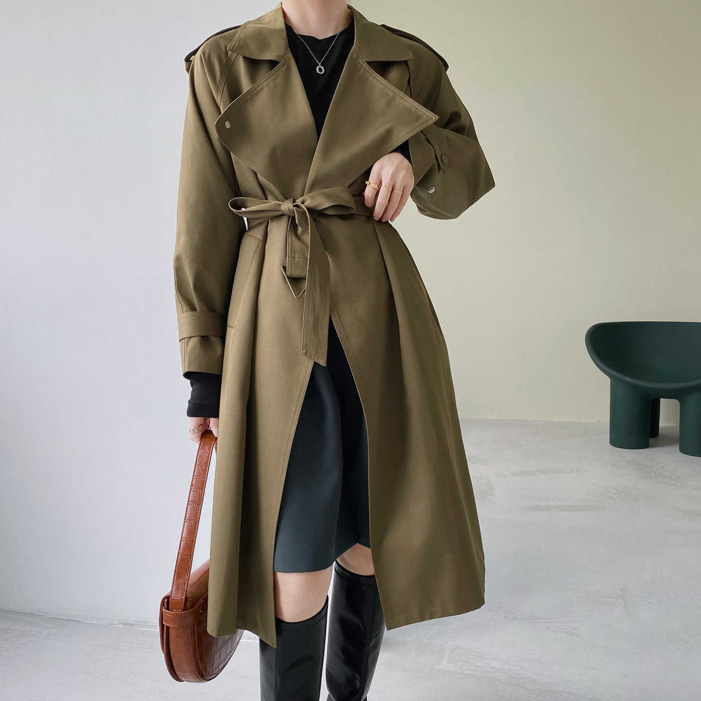 

Long Trench Coat Women's Lace-up Khaki Autumn England Style 210607, Coffee