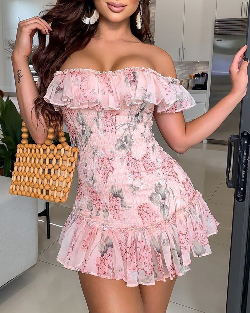 

Summer Fashion Casual Mini Dress Casual Short Dresses Ruffled Hem Fold Floral Print Off Shoulder Shirring Dress, Pink