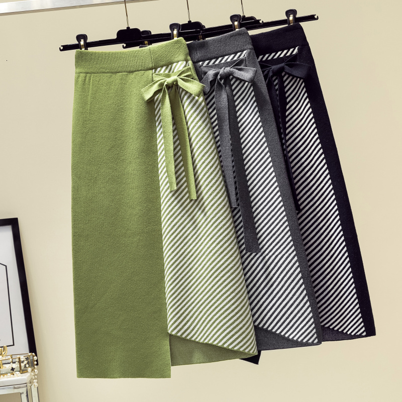 

Skirts Women's Winter Cashmere Blend Patchwork Bowknot Knitted Long Pencil Irregular Striped Slim Mid Calf OL Knit HFTM, Black