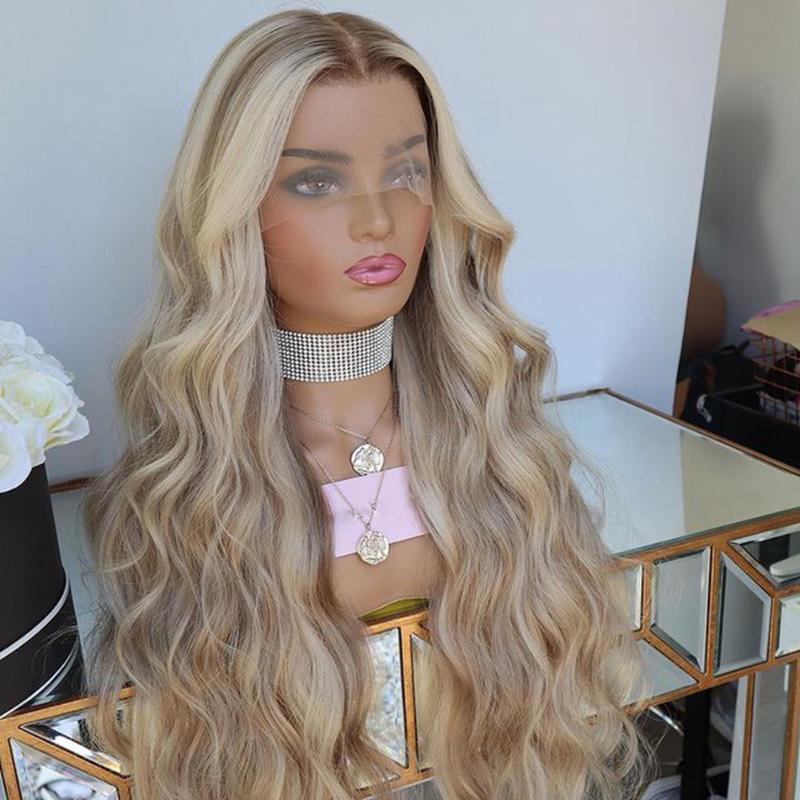 

Lace Wigs 180 Density Blonde Highlight Super Long Wave Human Hair Women 13x4 Front Pre Plucked Hairline Half Hand Tied, 13x4 lace wig