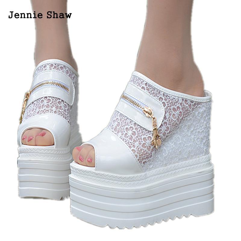 

Lace Gladiator Party Solid Sexy High Heel Sandals Women Wedges Platform Peep Toe White Black Zipper Shoes