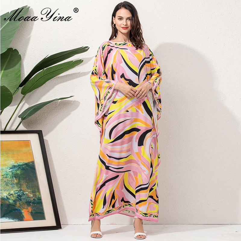 

Fashion Runway Loose Maxi Dress Women Elegant Ethnic Print Chiffon Long Batwing Sleeve Oversize Dressing Gowns 210524, Multi