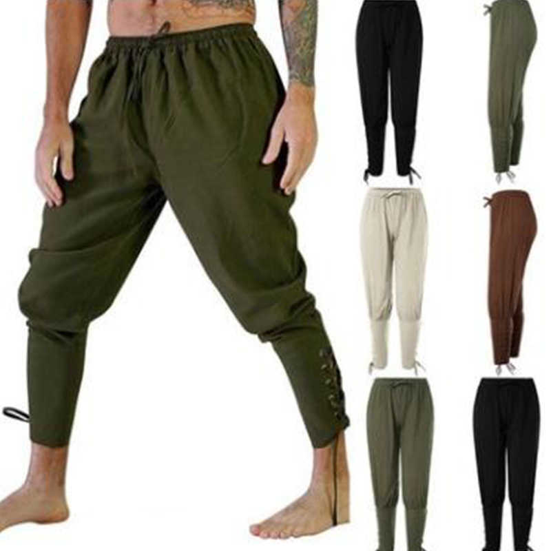 

Adult Man Medieval Viking Pirate Cosplay Costume Lace-Up Bandage Pants Larp Capris Trousers Vintage Woven Cotton Joggers For Men X0615, Green