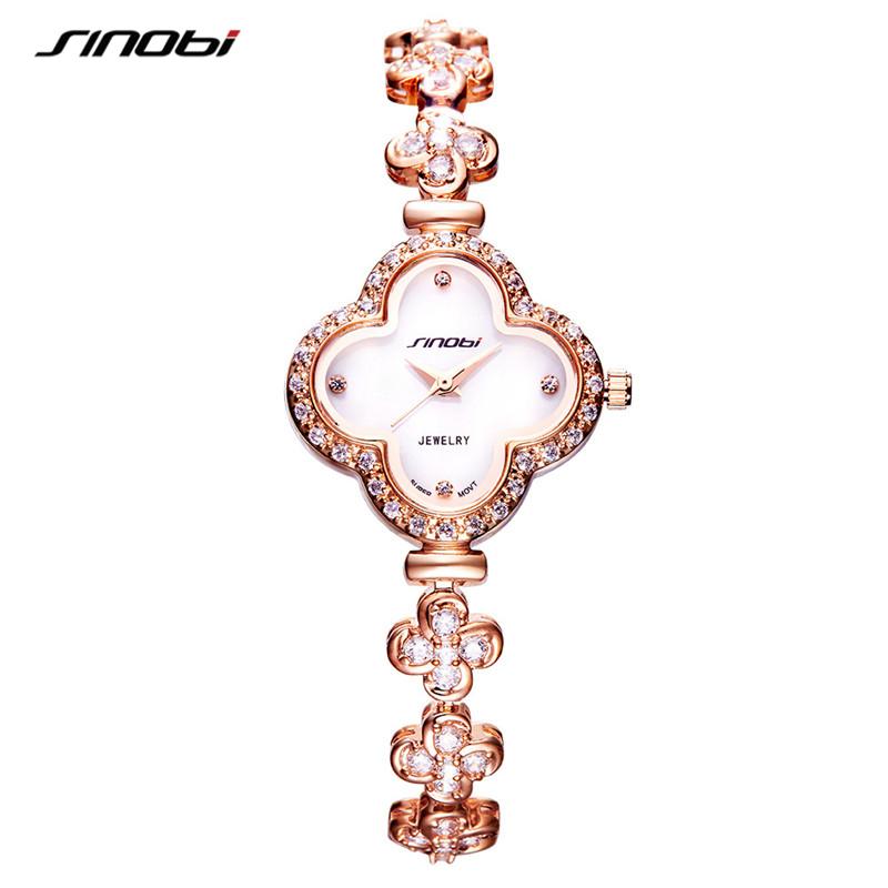 

Wristwatches SINOBI Top Watches Women Fashion Four Leaf Clover Shape Bracelet Wristwatch Noble Ladies Jewelry Watch, Silver