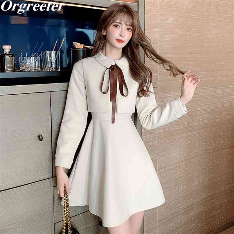 

Sweet Girl Fake Two Piece Woolen Mini Dress Spring Fall Outwear Cute Peter pan collar Long Sleeve Slim A-Line Short 210602, Khaki