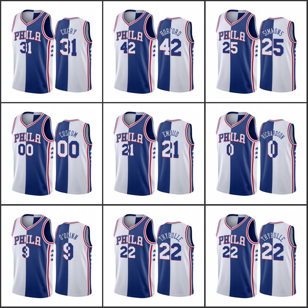 

Men Philadelphia 76ersSeth Curry Al Horford Joel Embiid Ben Simmons Josh Richardson Custom 2022 White Royal Split Jersey, Black