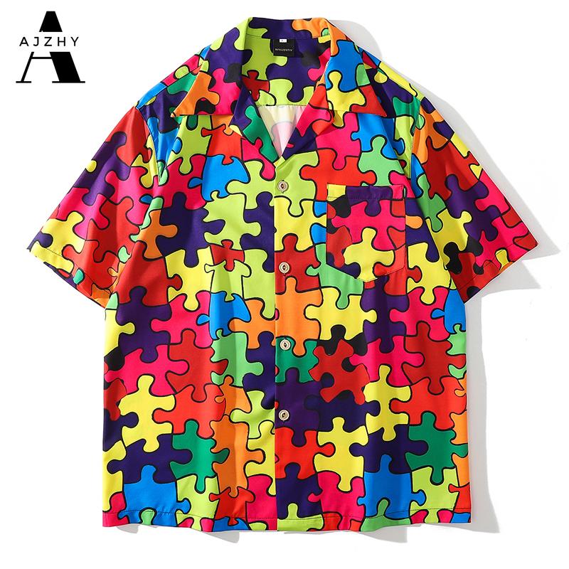 

Colorful Puzzle Print Short Sleeve Shirt Mens Summer Beach Hawaiian For Men Japanese Streetwear Hip Hop Button Up Men's Casual Shirts, Multi