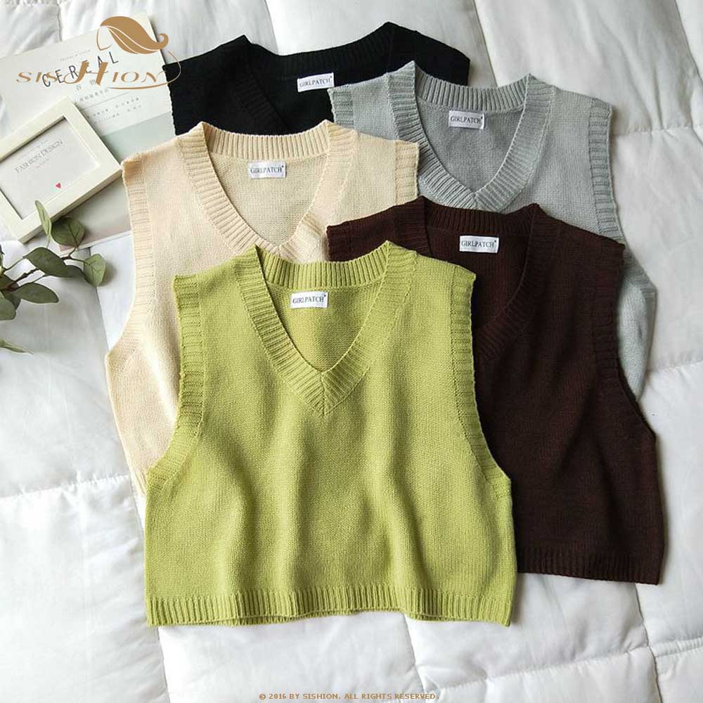 

SISHION 2021 Spring Autumn Vintage Sleeveless v-neck knitted Vest Sweater Women QY0257 Solid Pullovers Ladies Casual Tank Top, Qy0257 white