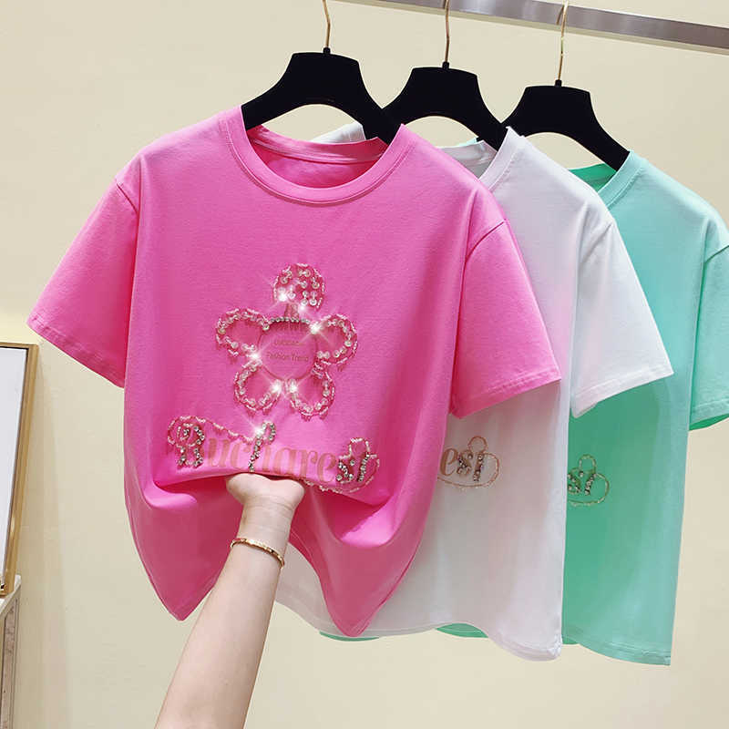 

Cotton Summer Tees Tops Beading Flowers Woman Short Sleeve Oversized T shirt Big Girls Clothing Tshirt Pink Green White 210604