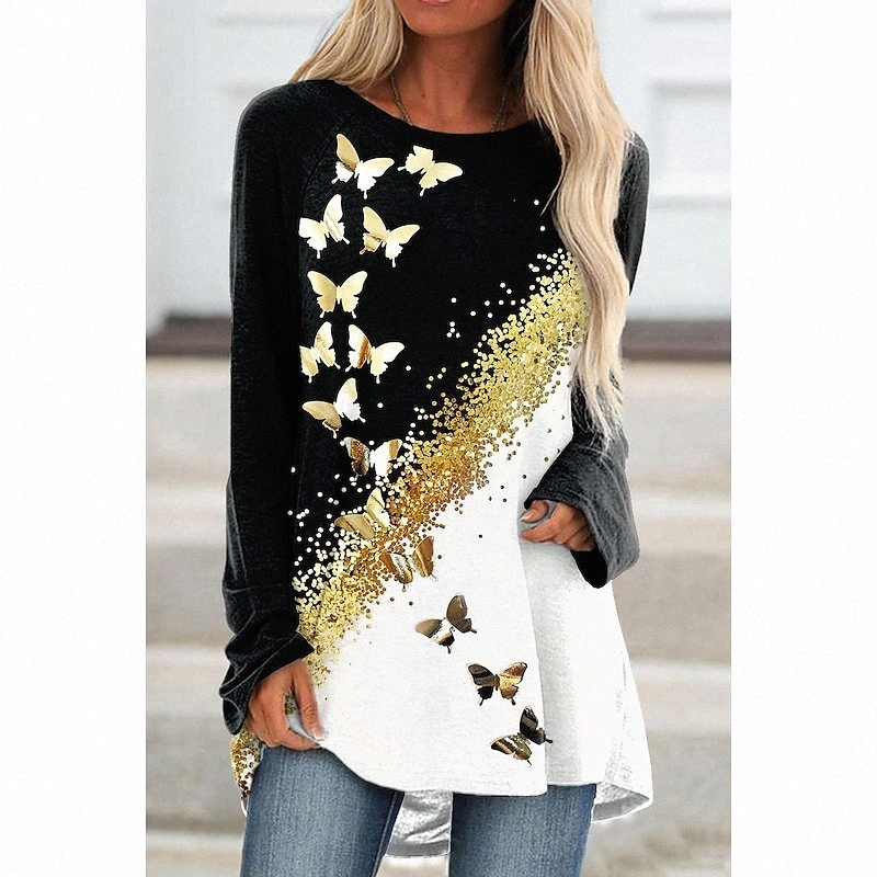 women's Butterfly Painting T shirt Floral Sparkly Color Block Print Round Neck Basic Tops Blue Purple Yellow / 3D Print N2vp#