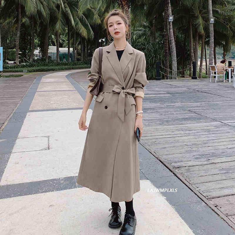 

Women' Trench Coats Minimalist Suit Collar Double-breasted Long Coat Elegant OL Overcoat 2021 Autumn Vintage British Windbreaker, Black
