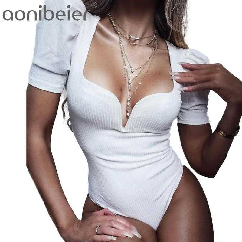 

Puff Sleeve Sexy Bodysuit Women V Neck Black white Summer Ladies Bodycon Overalls 210604