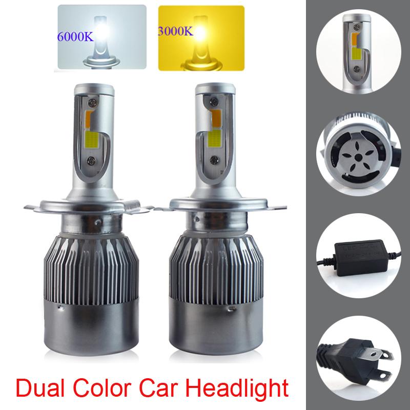 

Car Headlights Design Dual Color Tricolor LED Headlight Bulbs H4 H13 9004 9007 72W 7600LM 3000K 6000K Good Quality 2-Colors