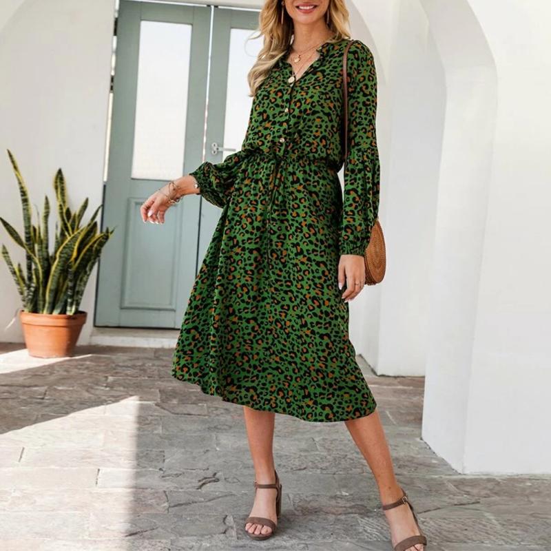 

Casual Dresses Vintage Office Ladies Party Dress Leopard Print Shirt Women Long Sleeve V Neck Elastic Waist Streetwear, 04 green