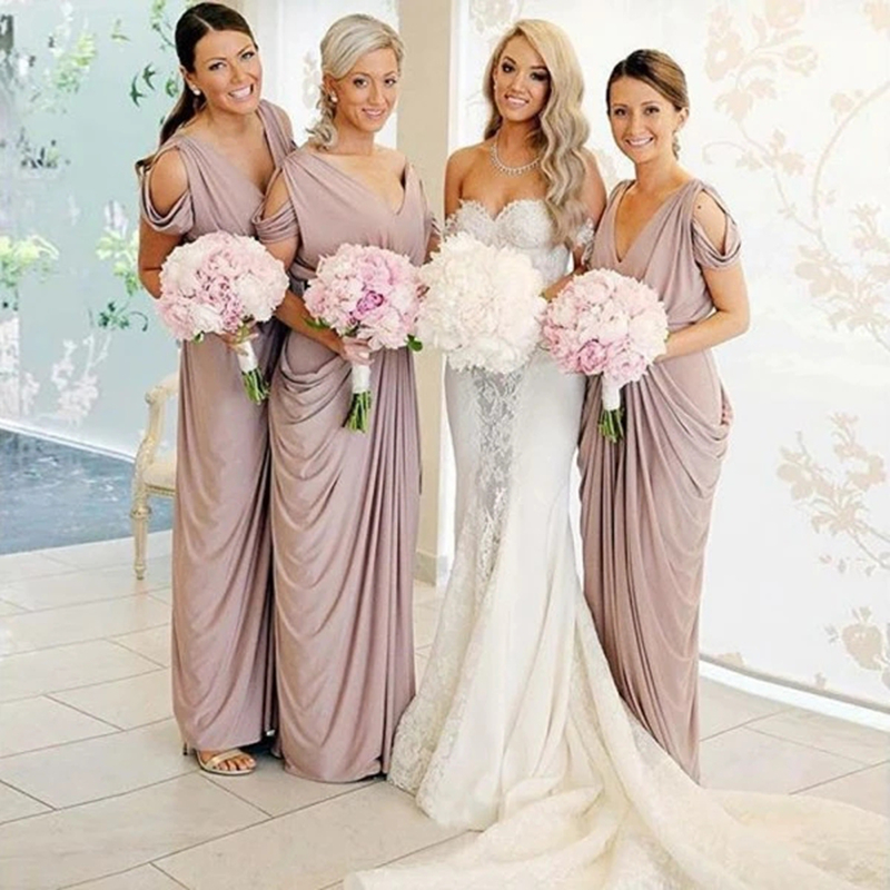 

Latest Blush Pink Bohemian-Style Bridesmaid Dress Sexy Ruched Off Shoulder Chiffon Long Prom Dresses Pretty Party Gown For Weddings