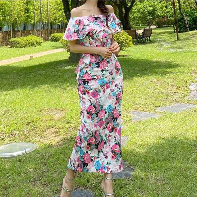 

ZAWFL High Quality Sexy off shoulder ruffle mini dress women es slash neck strapless package hip printed sheath sexy 210525, Picture color